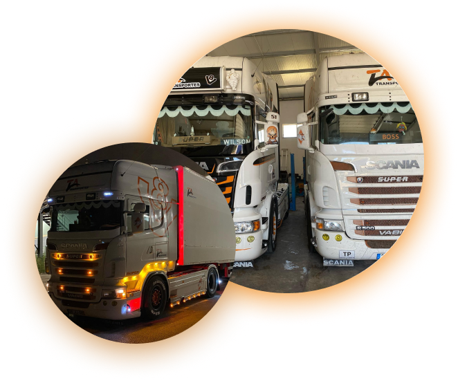 Uma montagem de duas imagens redondas, uma em baixo à esquerda de um camião da TA Transportes de noite com as luzes ligadas e outra à direita em cima com dois camiões lado a lado dentro do armazém.
